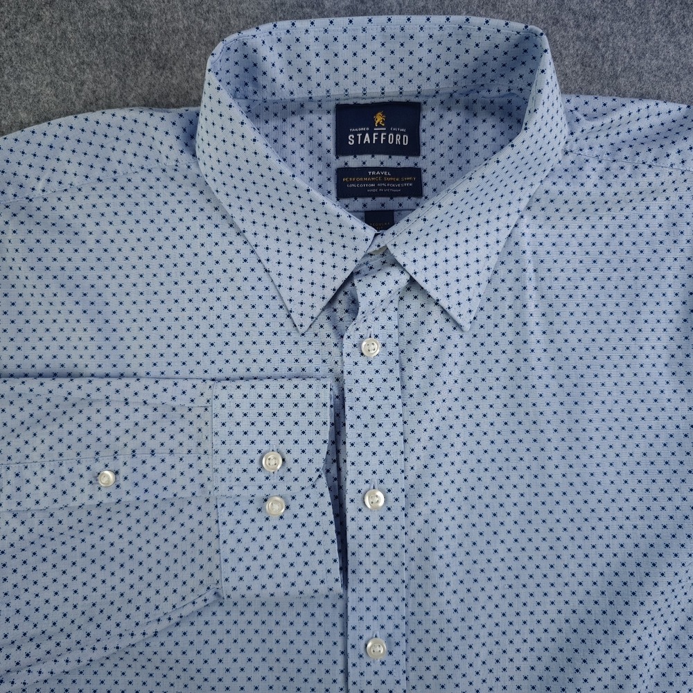 Stafford Dress Shirt Mens 18 34/35‎ Blue Geometric Travel Performance Super